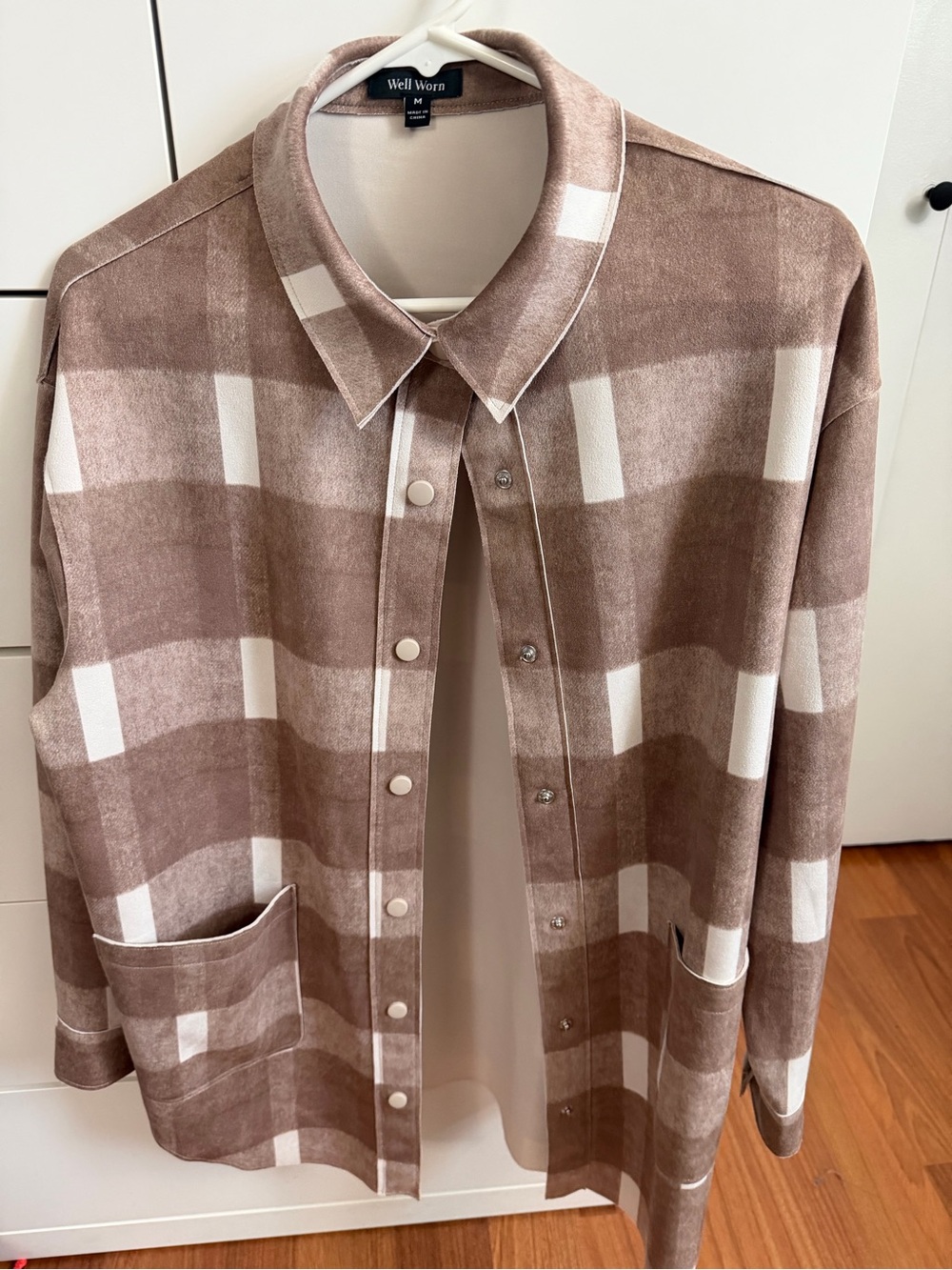 Well Worn Women’s Tan and Cream Plaid Button-Down Shirt Jacket